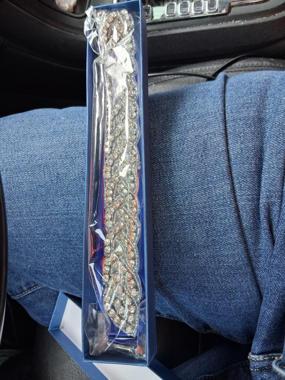 Crystal Encrusted Bridal Sash - Silver Tone Blue Ribbon